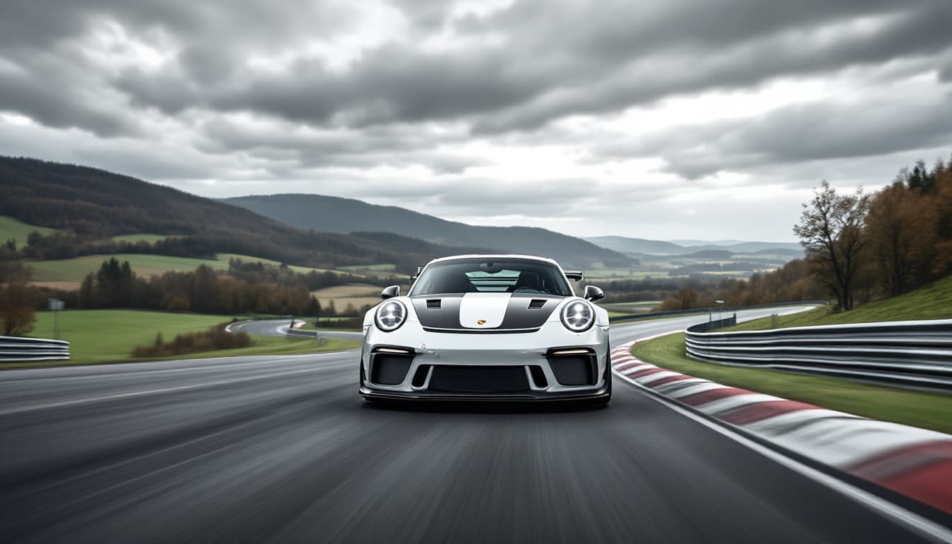 Porsche 911 GT3 RS auf der Nürburgring Nordschleife in der Eifel-Landschaft